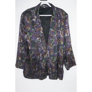 Joe Bananas Art Series Jacket Mens Large Purple Green Abstract Silk Blazer